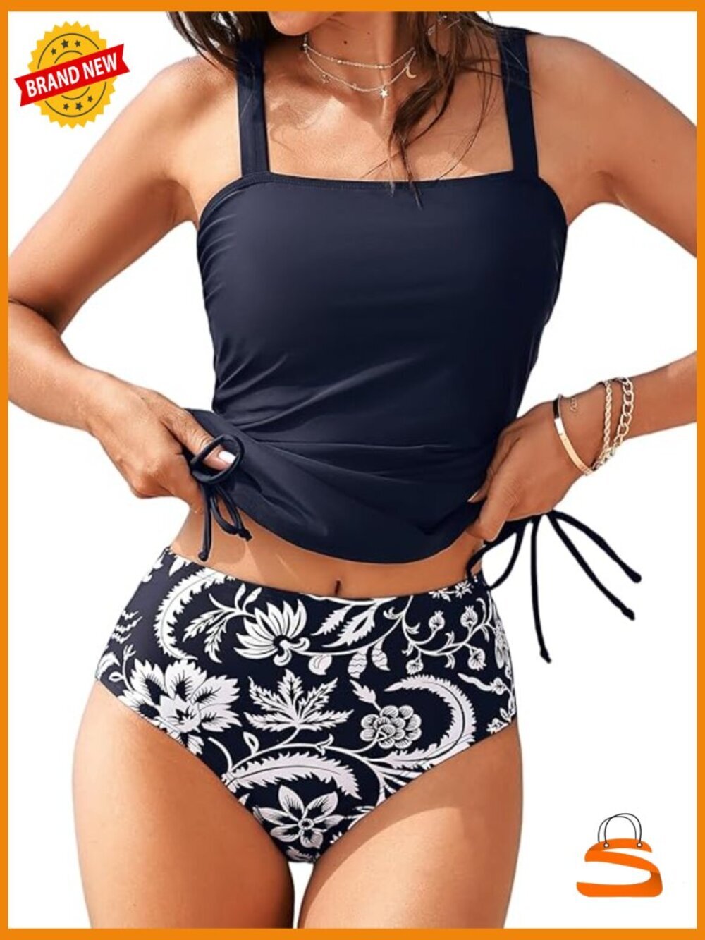 Tankini Set Square Neck High Waisted Two Piece Swimsuit Adjustable Straps